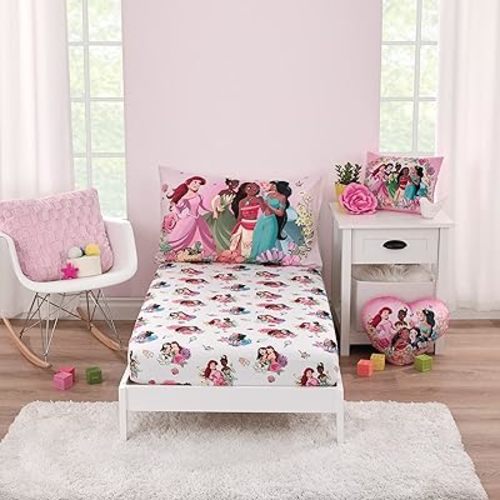 Disney Princesses Courage and Kindness Ariel, Tiana, Moana, Jasmine, Cinderella, Mulan, Belle, and Snow White 2 Piece Toddler Sheet Set - Fitted Bottom Sheet and Reversible Pillowcase