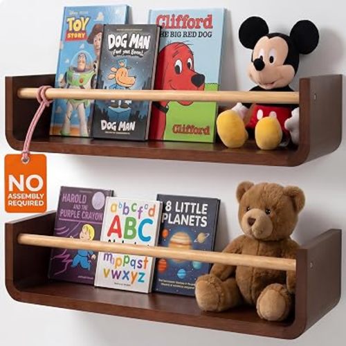 Ovalo Nursery Book Shelves Set of 2 - Solid Pine Wood Nursery Bookshelf, Floating Nursery Shelves for Wall, Wall Bookshelf for Kids Room, No-Assembly Wall Mounted Baby Book Shelf. (Walnut Brown)