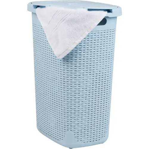 Mind Reader Slim Laundry Hamper with Lid, 60L Clothes Basket, Premium Wicker Design, Plastic, Baby Blue