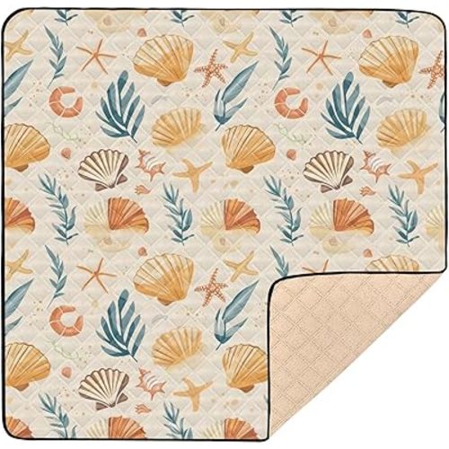 Cartoon Beach Seashells Baby Play Mat 50" x 50", Playmat for Playpen, Thicken Soft Padding Foam Crawling Mat for Babies Toddlers Infants