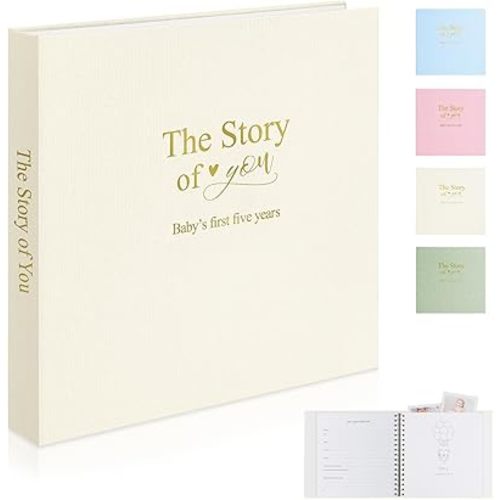 Timeless First 5 Years Keepsake Baby Memory Book for Boy or Girl, Luxury Linen Cover Acid Free Pages, Neutral Baby Journal Milestone Book or Scrapbook, Record the Story of You from Birth to Age 5