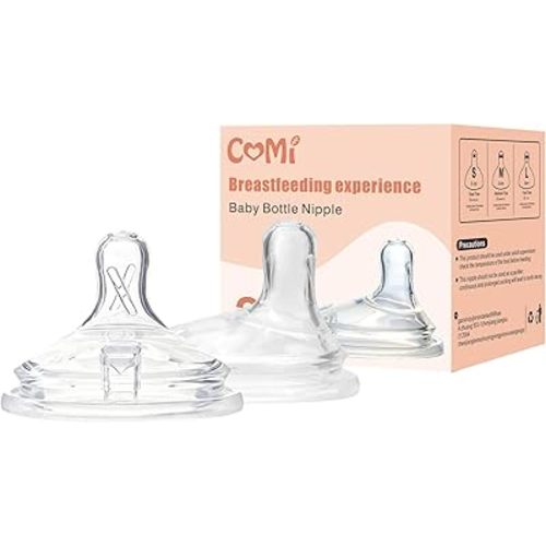 COMI Natural Flow Baby Bottle Silicone Nipples, Anti Colic Nipples for Baby, Slow Flow, Size S, 0+ Months,2 PCS, Compatible with COMI 4oz and 6oz Natural Glass Baby Bottles