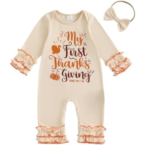 Newborn Thanksgiving Baby Girl Outfit Letter Print Long Sleeve Ruffled Romper Jumpsuit Fall Baby Turkey Outfit