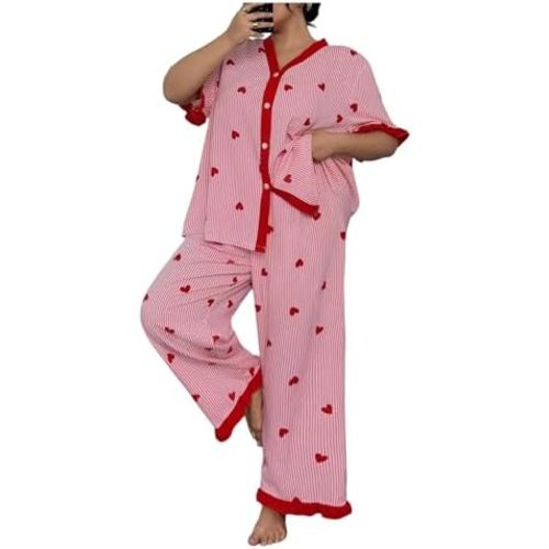 MakeMeChic Women's Plus Size Pajama Set Buttoon Down Shirt and Pants Set