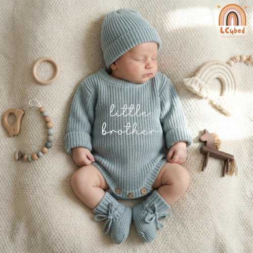 Embroidered Little Brother Knitted Romper, Cute Lil Brother Baby Bodysuit, Lil Bro Knitted Set, Baby Bow Shower Gift, Newborn Apparel
