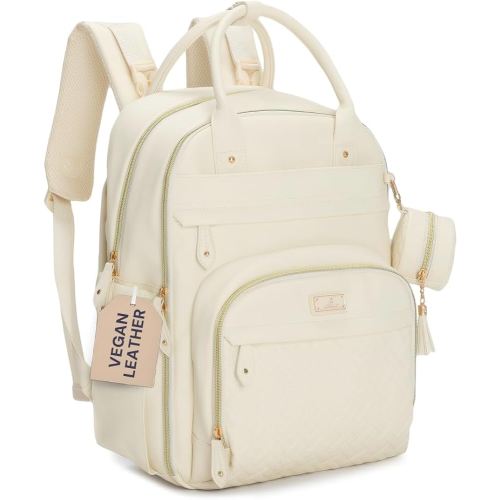 BabbleRoo Leather Diaper Bag Backpack - Baby Essentials Travel Baby Bag, Multi function, Water Resistant, with Changing Pad, Stroller Straps & Pacifier Case – Unisex, Eggshell White