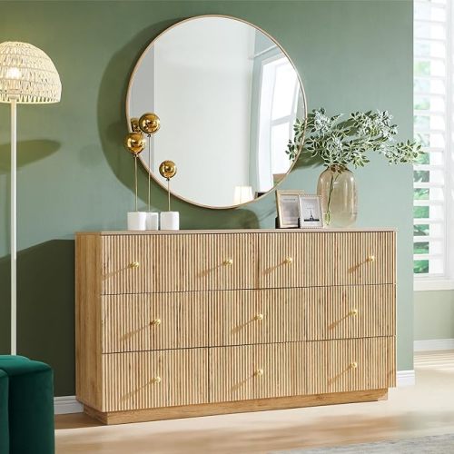 Fluted Dresser for Bedroom, 55" W 8 Drawer Dressers, Wood Tall Dresser Storage Organizer, Modern Bedroom Chest of Drawers with Deep Storage for Closet Hallway, Entryway, Living Room Natural