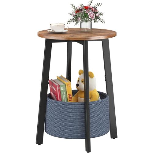 Small Round Side End Table with Cloth Storage Basket, Round Bedside Sofa Couch Coffee Tables for Small Places with Metal Frame, Modern Nighstands for Living Room Bedroom, Rustic Brown