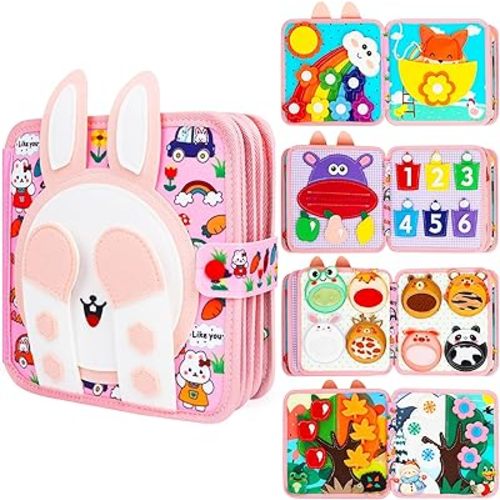 Bunny Montessori Busy Book for Toddlers 1-3 - Soft Felt Hand-Stitched Sensory Board Quiet Toy for 1 2 3 Year Old Toddler Boy Girl - Travel Essentials Educational Activity Toys Birthday Easter Gifts