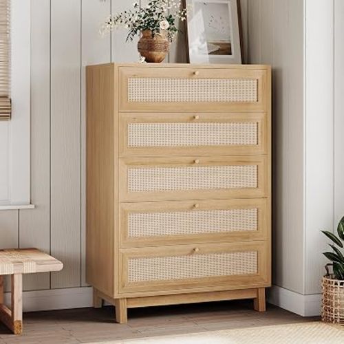 VIAGDO Rattan Dresser for Bedroom, 5 Drawer Dresser with Natural Rattan Drawers, Wooden Tall Cabinet with Gold Handles, Modern Closet Storage Chest of Drawers for Nursery Entryway Living Room