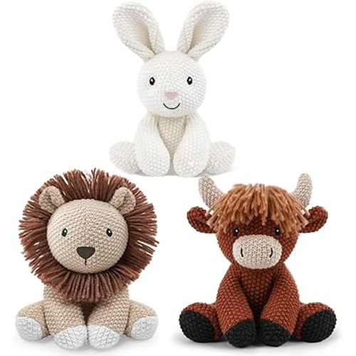 3Pcs Stuffed Animals Toys 8 Inch Cute Bunny Plush, Cuddly Highland Cattle Toy and Soft Lion Knitted Cotton Baby Plush Toy Gift for Kids Girls Boys and Newborns, Christmas, Easter Party