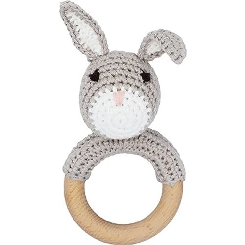 Joliecraft Natural Wooden Baby Rattle Soft Shaker Toy with Teething Ring for Infants Gray Bunny