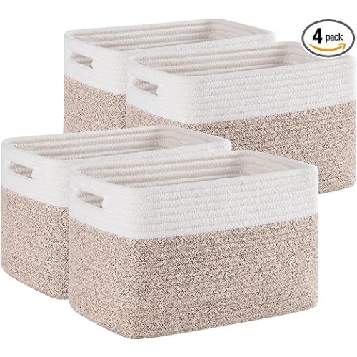 4 Pack Storage Baskets for Organizing, Woven Baskets for Shelves - Perfect for Toys, Books, Towels, and Clothes, Durable Gift Basket Bins Toy Storage, 12.7''Lx9''Wx7.8''H, Brown & White
