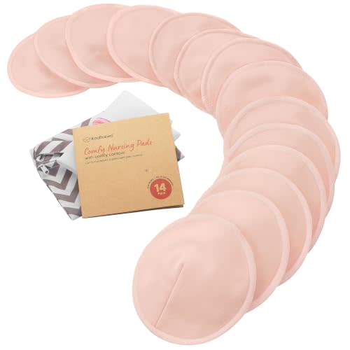Organic Nursing Pads, 14 Washable Breast Pads,Wash Bag (Pink Sand, L 5") | Viscose Derived from Bamboo, Breast Pads for Breastfeeding, Reusable Nipple Covers, Breastfeeding Essentials, Soft, Absorbent