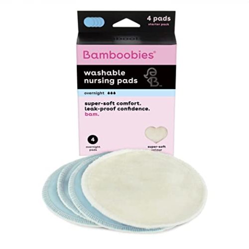 Bamboobies Reusable & Washable, Ultra-Absorbent Overnight Nursing Pads for Breastfeeding, Super Soft Rayon Made From Bamboo, Milk Proof Liner, Natural, 2.4 Oz, 4 Count - Blue - 4 Pads