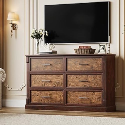 IDEALHOUSE Farmhouse 6 Drawer Dresser for Bedroom, Rustic Wood Chest of Drawers with Metal Handles, Large Double Dresser TV Stand, Storage Dressers Organizer for Living Room, Nursery, Brown