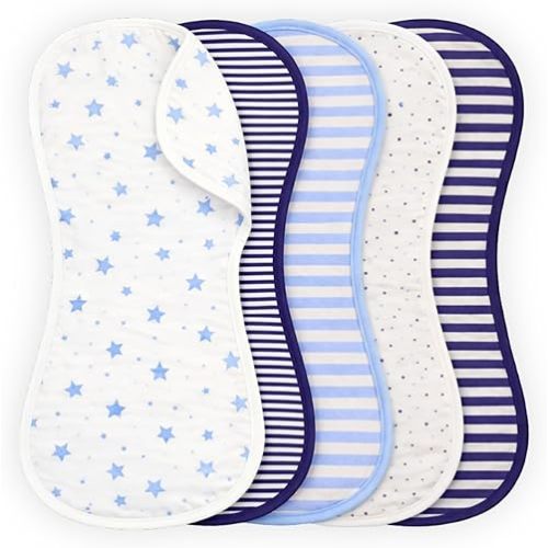 Tom Tom's Kids + Baby Burp Cloths, GOTS Certified Organic Cotton, Contoured Figure-8 Design, 22 x 11 in, Navy & French Blue, 5-Pack
