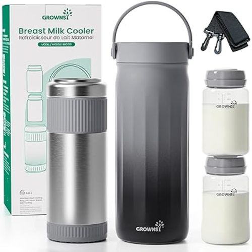 Grownsy 22oz Portable Breast Milk Cooler, 360° Stainless Steel Chiller Keeps Breastmilk Fresh for 24H, No Ice Crystals,Milk Cooler with 2 Baby Bottles for Work & Travel, Baby Breastfeeding Essential