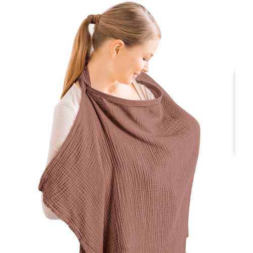 Konssy Muslin Nursing Cover for Baby Breastfeeding, Breathable 100% Cotton Breastfeeding Cover with Rigid Hoop for Mother Nursing Apron, Multi-use Carseat Canopy (Chestnut)