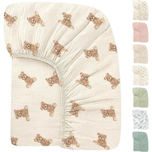 Organic Crib Sheets Fitted Crib Mattress Sheet 52x28 Inches 100% Muslin Cotton for Baby Girls & Boys, Soft Boho Neutral Toddler Bedding Bed Sheets Fits Well Standard Size Crib Mattress 28x52 Inches