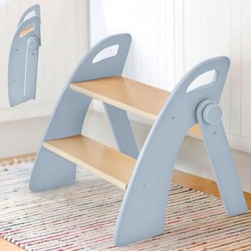 Wooden 2 Step Stool for Toddlers, Foldable 2-Step with Non-Slip Pads and Handles, Bamboo Step Stool for Kids Bathroom Sink and Potty Training, Kitchen Helper, Nursery Bedroom(Blue)