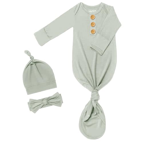 Soft Newborn Knotted Gown with Hairband and Hat, Baby Boy Girl Coming Home Outfit, Sleeper Baby Sleep Gown with Mittens