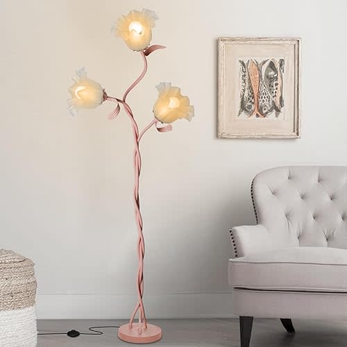 Fuzzbopn Flower Floor Lamp for Living Room, Tall Standing Reading Lamp with Flexible Neck Shaft for Bedroom Decor, Modern Corner Floor Lamps with 3-Color Temperatures LED Bulb (Pink)