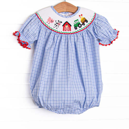 Hard Days Work Smocked Girl Bubble, Blue – Stitchy Fish