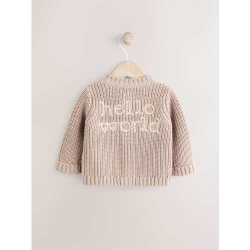 Hello World Neutral Chunky Knitted Embroidered Baby Cardigan