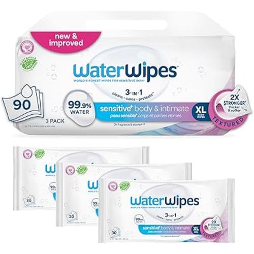 WaterWipes Sensitive+ Body & Intimate Wipes, 3-In-1 Cleans, Cares, Protects, 99.9% Water, Unscented & Hypoallergenic Hygiene Wet Wipes, Adult Care, 90 Wipes (3 Packs)