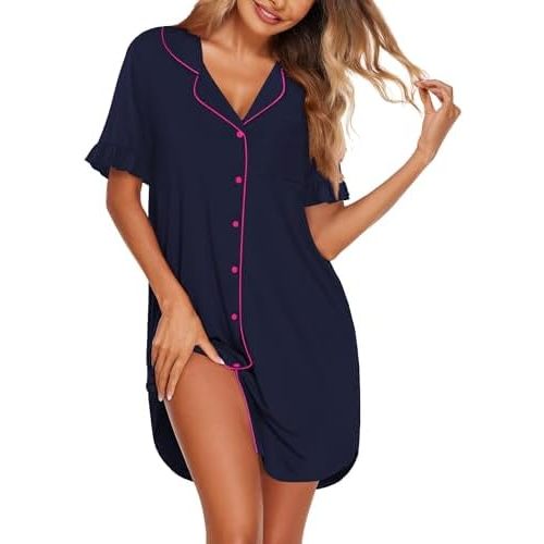 Ekouaer Nightgowns for Women Button Down Sleep Shirts Short Sleeve Night Shirts V Neck Sleepwear Boyfriend Pajama Dress