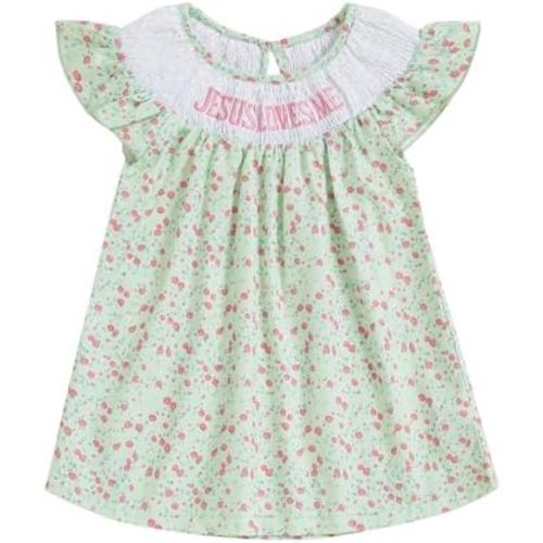 KMBANGI Toddler Baby Girl Christian Outfit Jesus Loves Me Dress Ruffle Sleeveless Smocked Dresses Baptism Outfit Princess
