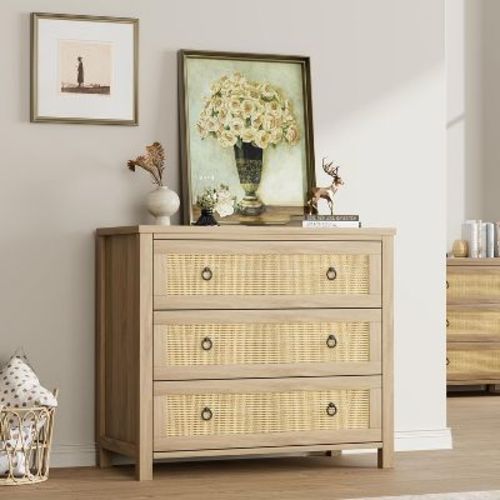 Rattan 3 Dresser for Bedroom, 29" Boho Tall Drawer Dresser with Storage, Wooden Closet Dressers Chest of Drawers Freestanding for Home, Natural