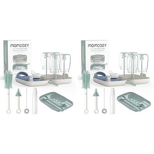 Momcozy Bottle Brush Set - Baby Bottle Cleaner Kit with Silicone Brush, Nipple Brush, Straw Brush, Soap Dispenser, Drying Rack - 7 in 1 Bottle Cleaning Tool for Home and Travel, Green (Pack of 2)