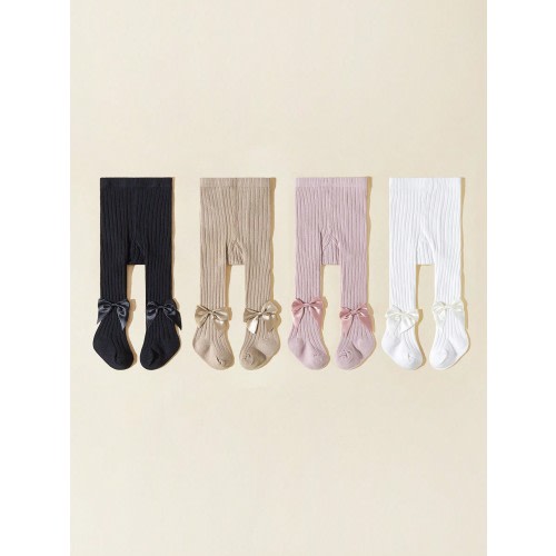 4pcs Baby Girls' Solid Color Tights With Bowknot Decorations, Spring/Autumn