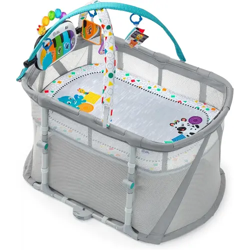 Baby Einstein Kick & Snooze 3-in-1 Foldable Playard, Bassinet and Musical Play Gym, Includes Fitted Sheet, 3-Step Easy Fold, Piano Toy with 25+ Minutes of Music, Grows with Baby, Ages 0 Months and Up