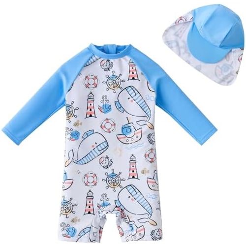 UMELOK Baby Boy Swimsuit One Piece Rash Guard Swimwear with Sun Hat UPF 50+