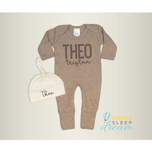 Newborn Boy Coming Home Outfit, Truffle Brown Romper with First and Middle Name, Take home, Going Home Personalized, Baby Boy, Name