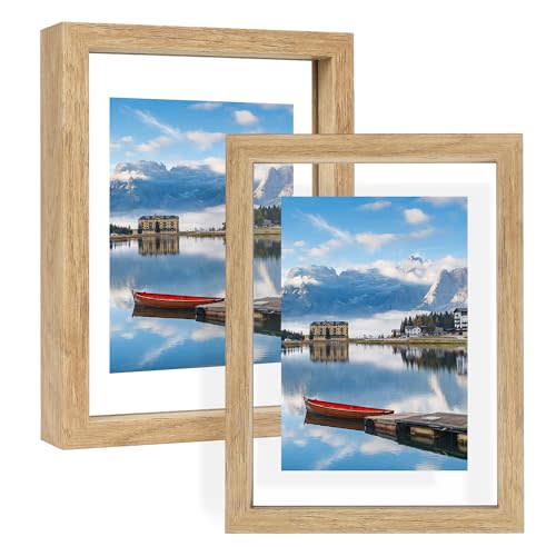 YOTINTIN 5x7 Floating Picture Frames Set of 2, Double Glass Photo Frame Wooden Frame for Wall Mount or Tabletop Displays for 3x5, 4x6 inch Pictures, Plane Edge Frames, Natural