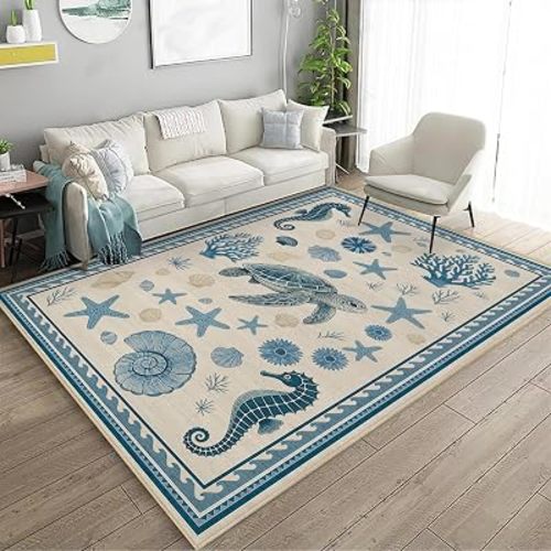 Coastal Nautical Rug 3x5 for Living Room Beach Theme Sea Turtle Starfish