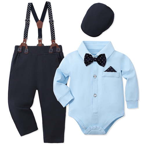 RMGVDSD Baby Boy Clothes Suit Newborn Infant Gentleman Outfits Short Sleeve Formal Dress Shirt+ Suspender Pants+ Beret Wedding Party Set 6-12 Months