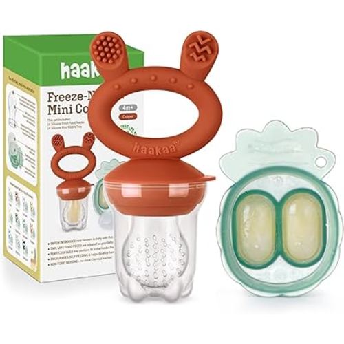 Haakaa Baby Fruit Food Feeder & Mini Freezer Nibble Tray Combo, Breastmilk Popsicle Molds for Baby Cooling Relief, BPA Free Silicone Feeder for Safe Infant Self Feeding, 4 Month+ (Copper)