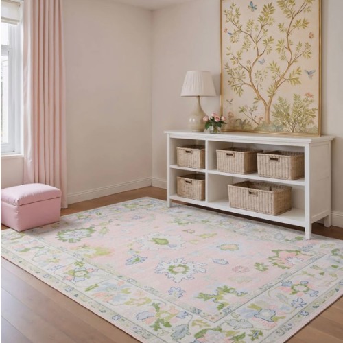 Addison Traditional Bordered Floral Pink/ Green Printed Washable Flat Pile Area Rug