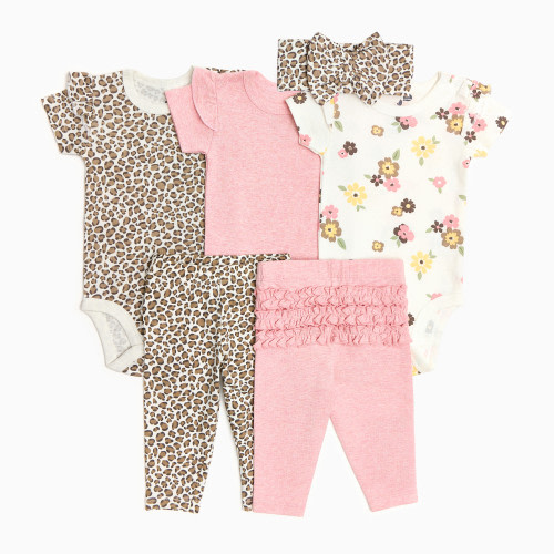 Small Story Organic Cotton Ruffle Bodysuit, Pant & Headband 6-Piece Set - Leopard, Floral & Pink, 0-3 M