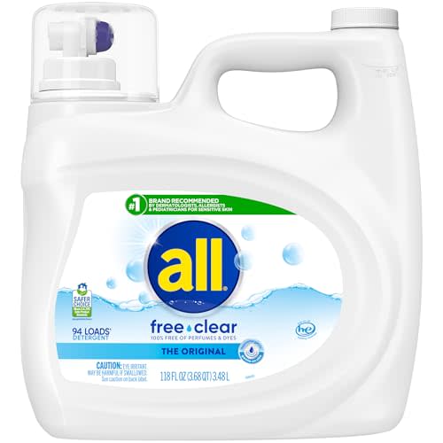 all Liquid Laundry Detergent Free Clear, Unscented, 118 Ounce, 94 Loads | Controls static cling, hypoallergenic formula, dye and fragrance free, dermatologist tested, gentle on skin
