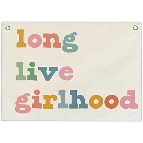 WUCHJ Girl Nursery Wall Hanging Canvas Banner, Colorful Long Live Girlhood Hanging Banner Flag Wall Art for Girls Room Bedroom Dorm Nursery Toddler Playroom Decor, 15.7x11.8 Inch