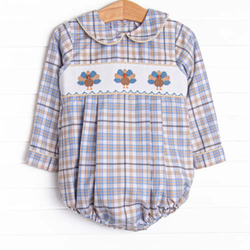 Autumn Bird Blessing Smocked Boy Bubble, Blue and Tan Plaid – Stitchy Fish