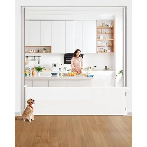 Retractable Baby Gate for Stairs – 33” Height, Expands up to 118” Width – Safety Gate for Infants, Toddlers, Dogs & Pets – Easy Install, Secure Closure, White Mesh Design for Indoor & Outdoor Use