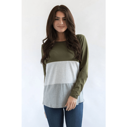 Long Sleeve Cotton Nursing Top - Olive 3-Block Stripes – Nursing Queen