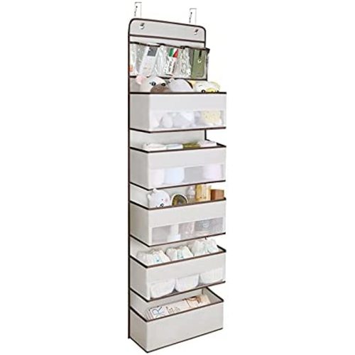 Univivi Door Hanging Organizer Nursery Closet Cabinet Baby Storage with 5 Large Pockets and 3 Small PVC Pockets for Cosmetics, Toys and Sundries (6 Layers - Beige)…